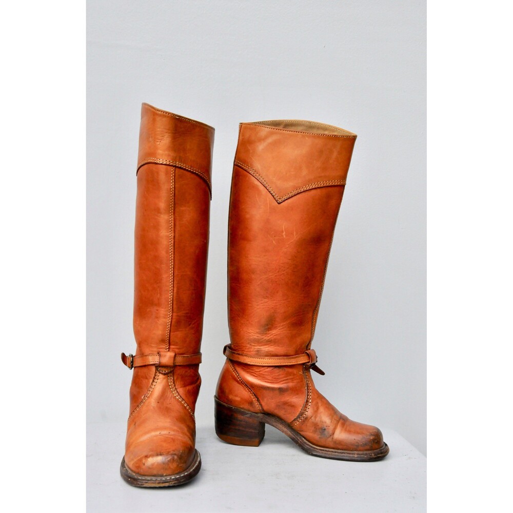 Vintage 70s Leather Tall Distressed Boots - Campus Stacked Heel US 5 - 5.5 - Picture 5 of 10